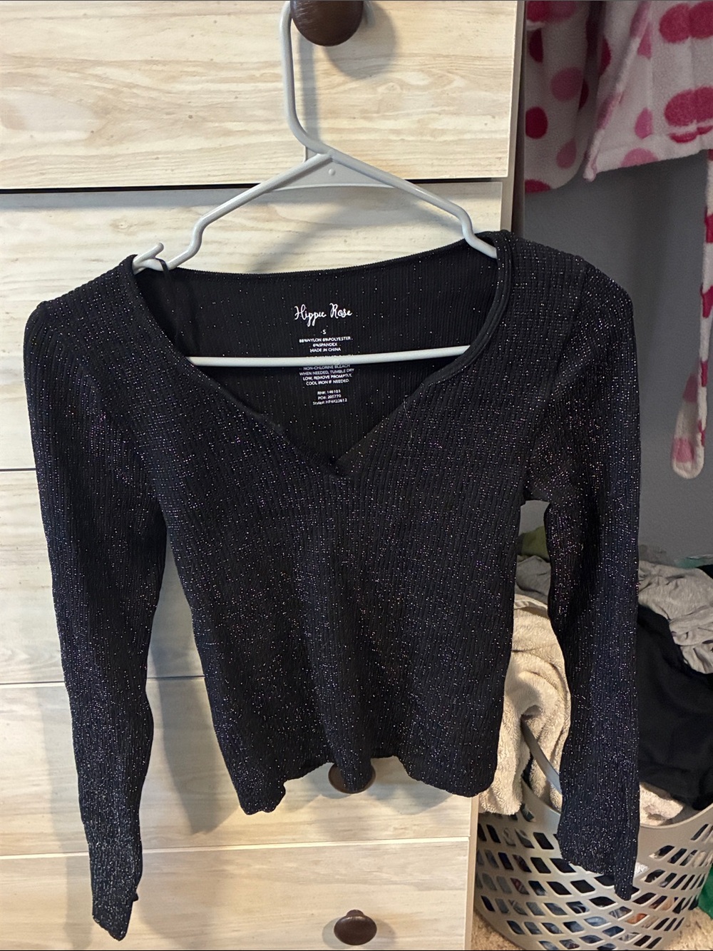 Hippie Rose Black Sparkle V-Neck Long Sleeve Top